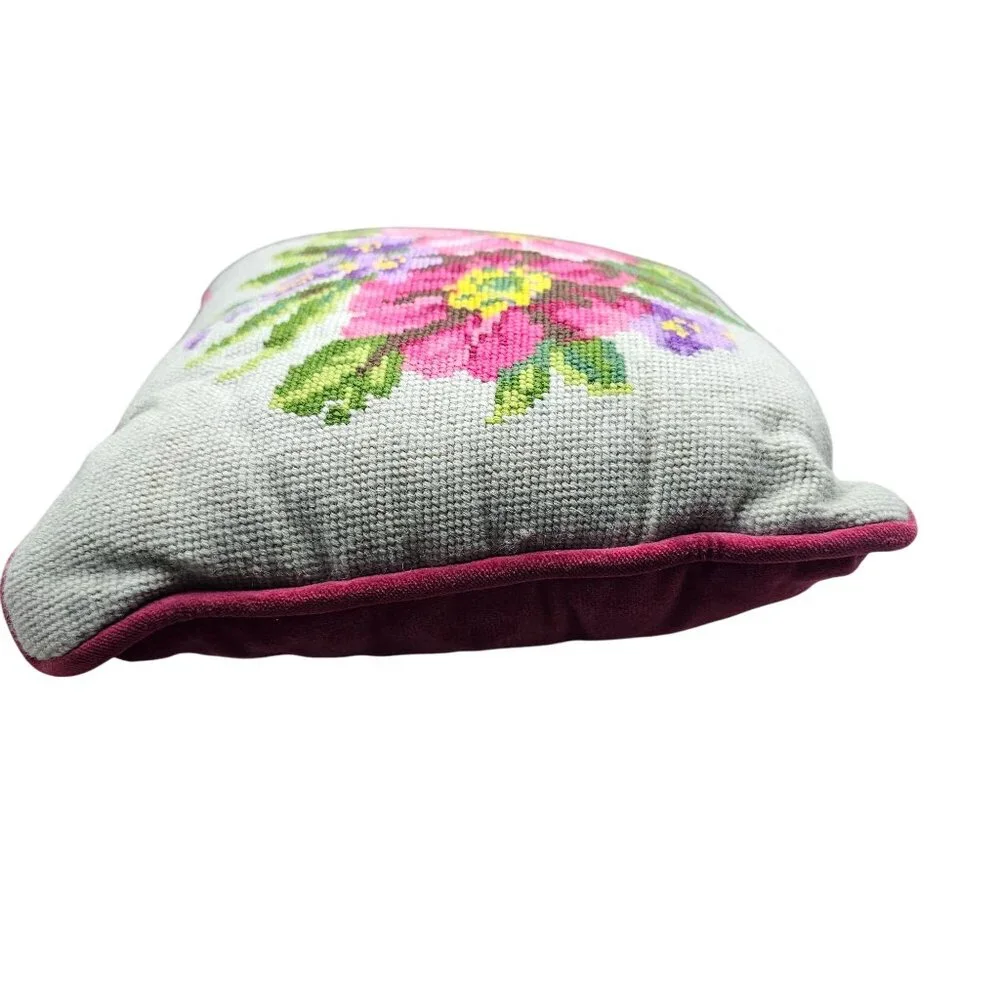 Vintage Floral Needlepoint Throw Pillow With Velvet Backing 11